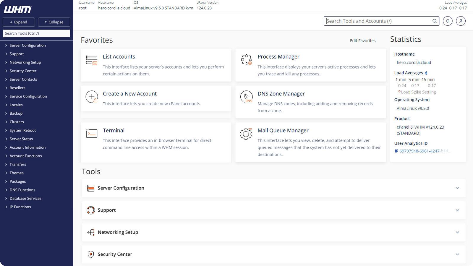 WHM dashboard overview