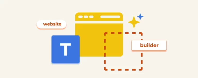 Cover image for '10 Best Website Builders to Launch Your Site in Minutes' with a yellow browser window icon in the center, a blue square with a white 'T' on the left, and an orange dashed square outline with star icons on the right.