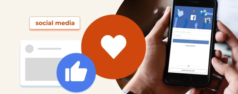 Cover image for the article 'Top 10 Social Media Management Tools for Agencies' featuring a split design. On the left, an illustration of a social media post with a thumbs-up icon and 'social media' text in an orange box. In the center, a large orange circle with a white heart icon. On the right, a close-up photo of hands holding a smartphone displaying various social media app icons.