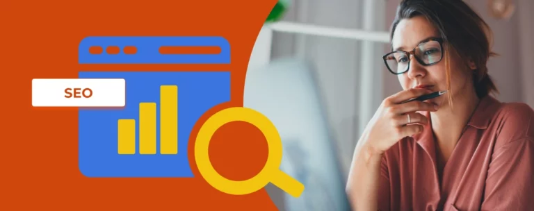 Cover image for the article 'Top SEO Audit Tools to Track Your Site’s Health' featuring a split design. On the left, an illustration of a blue web browser window with a yellow bar graph and a magnifying glass icon, with 'SEO' written in red text inside a white label. On the right, a woman is working on a laptop.