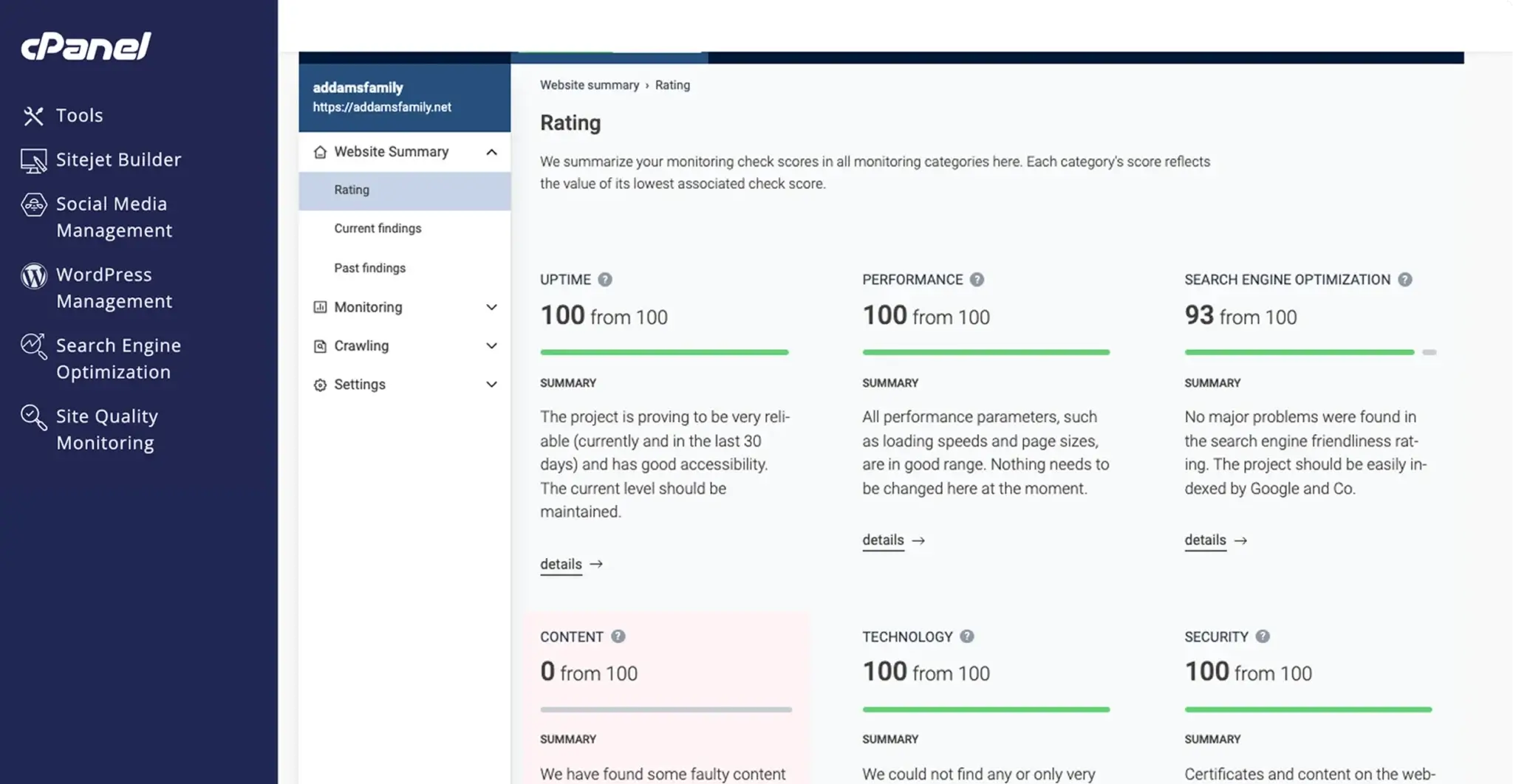 cPanel site quality monitoring dashboard with alerts