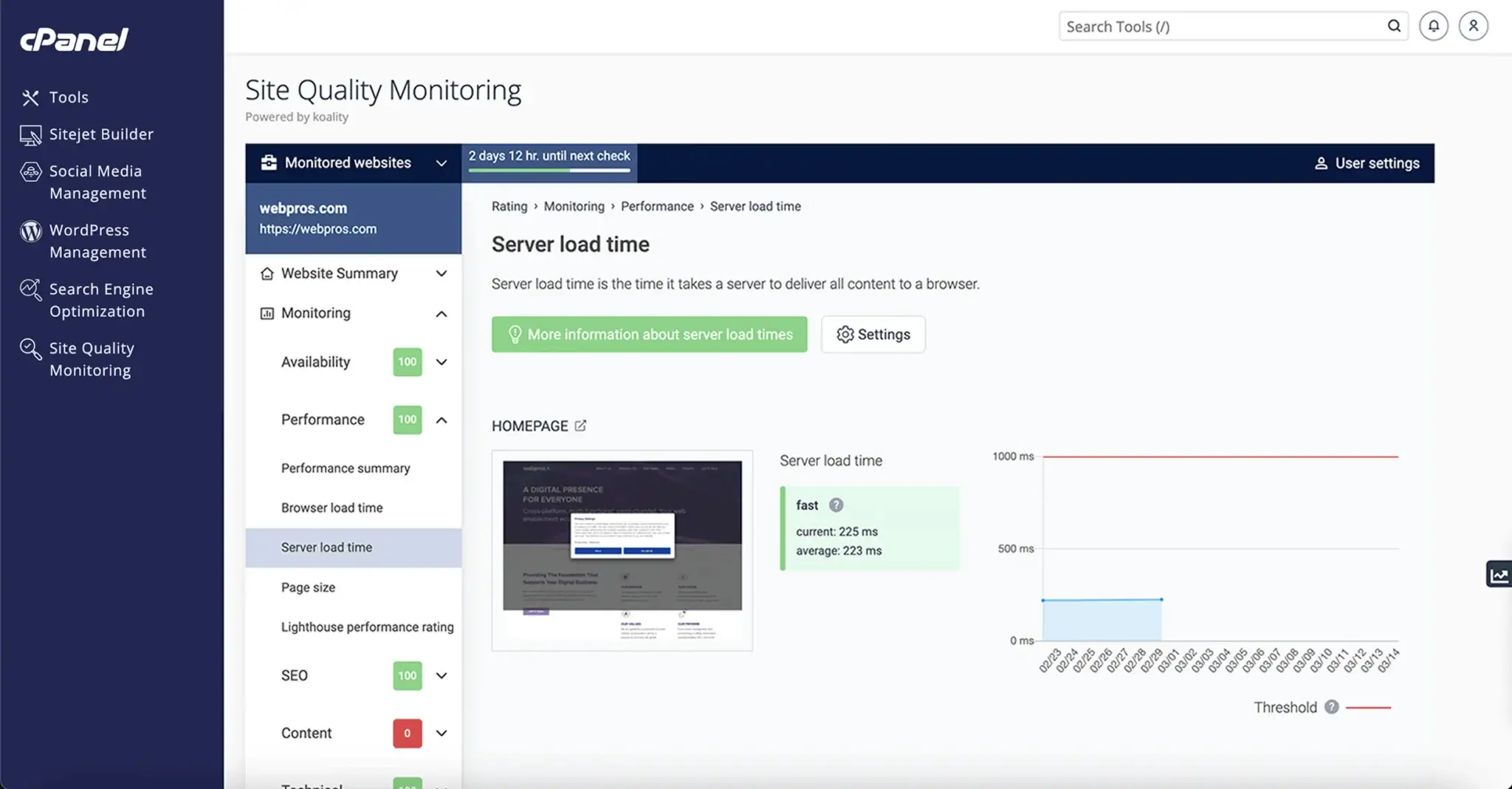 cPanel site quality dashboard showing uptime and website health